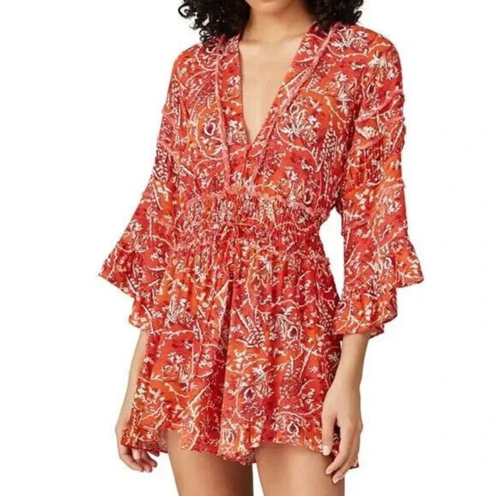 Iro Romper Red Floral Print V-Neck Bell Sleeve